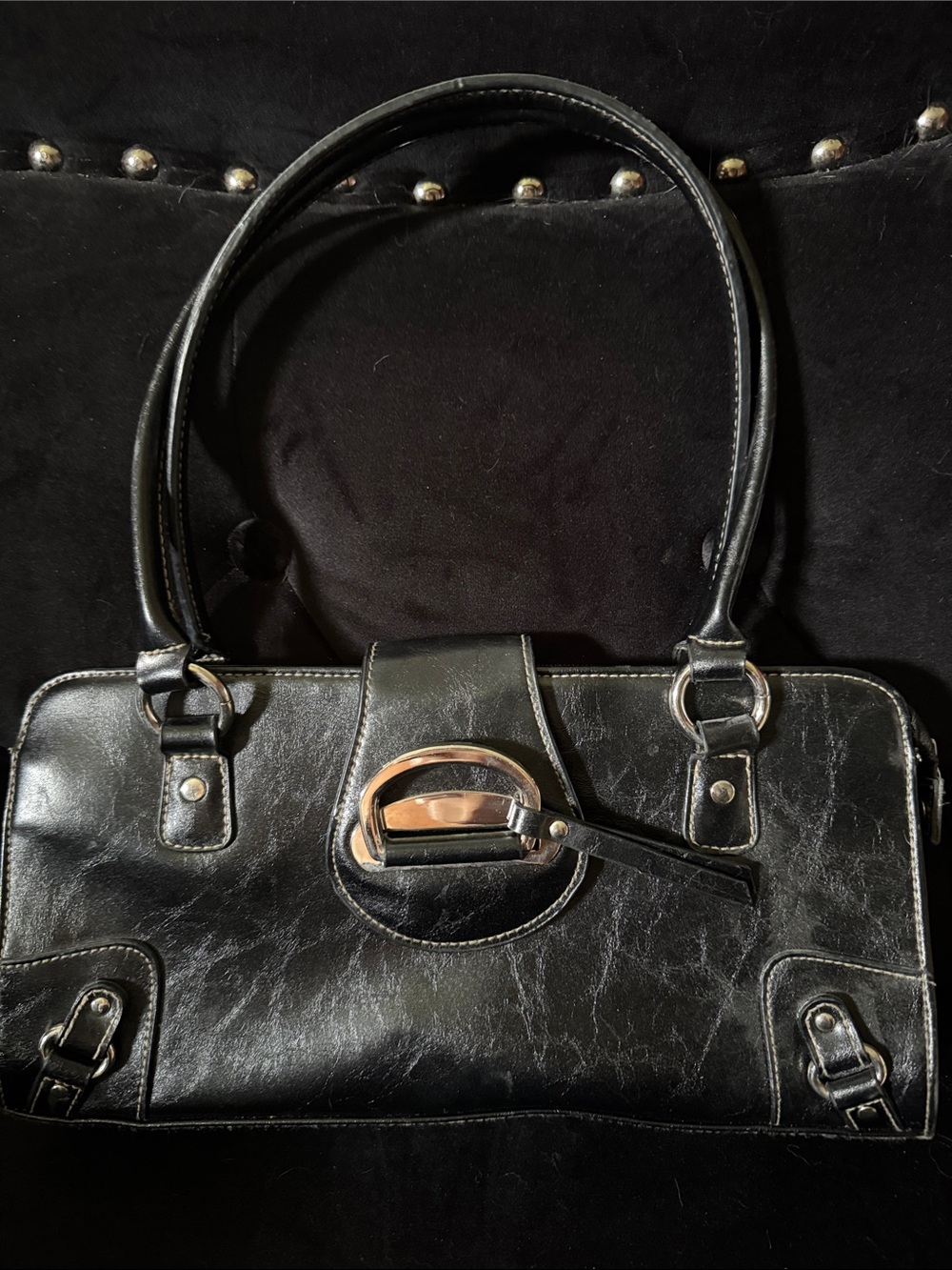 Classic Black Leather Tote Handbag with Silver Accent